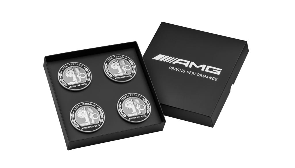 AMG wielnaafkap, met AMG embleem, set van 4, (bijv. S-Klasse/ GLC/ GLS), zilverkleurig, zwart, A0004005100